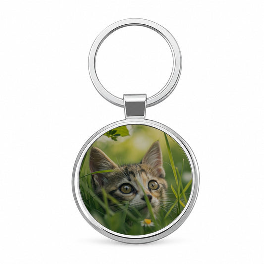 Tabby Cat In Nature Round Metal Keychain