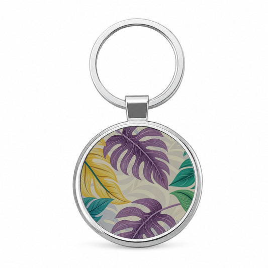 Tropical Leaves Colorful Foliage Round Metal Keychain