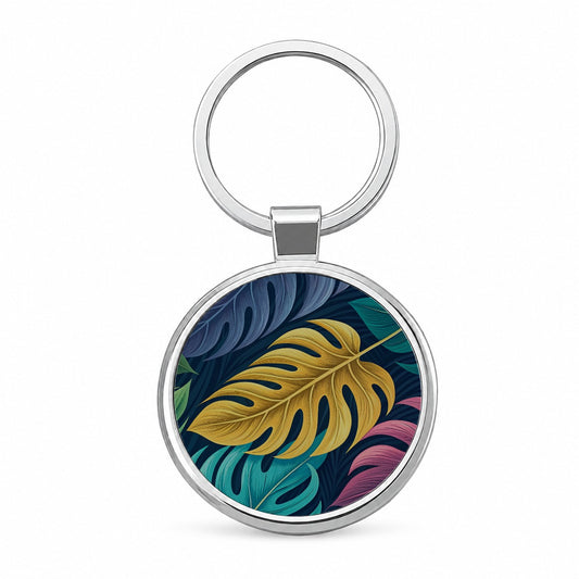 Tropical Leaves Colorful Round Metal Keychain