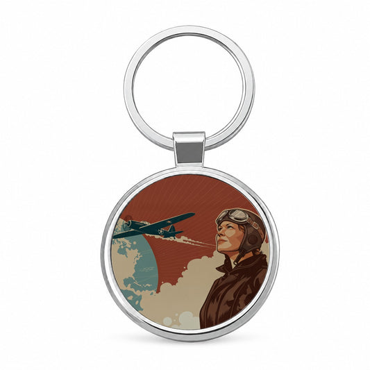 Vintage Amelia Earhart Aviation Travel Round Metal Keychain