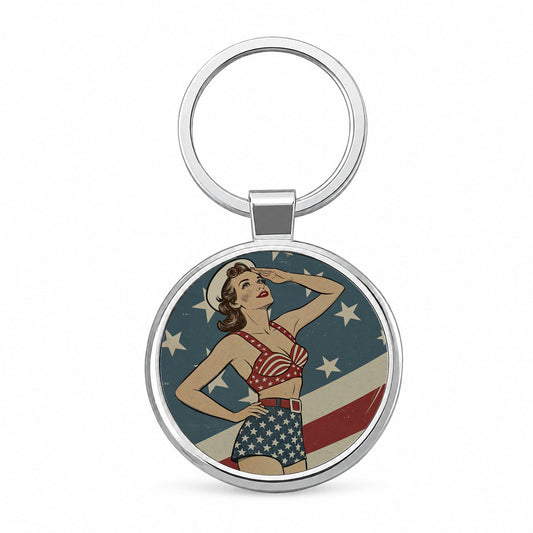 Vintage American Flag Pinup Woman Round Metal Keychain