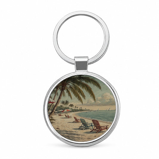 Vintage Beach Scene Holiday Round Metal Keychain