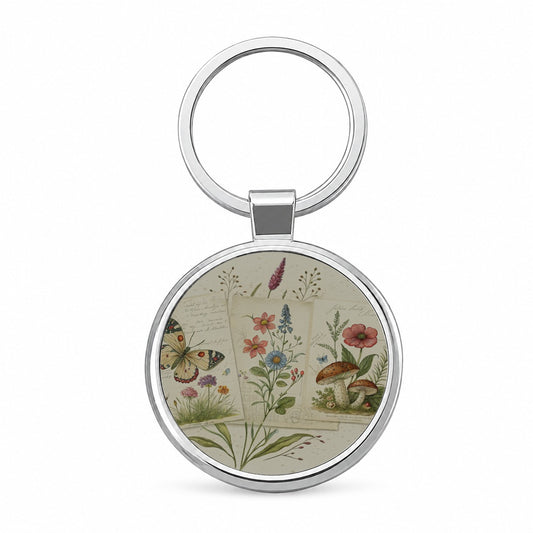 Vintage Botanical Illustration Collage Round Metal Keychain