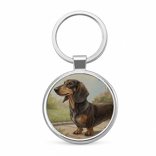 Vintage Dachshund Dog Portrait Round Metal Keychain