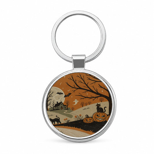 Vintage Halloween Black Cats Round Metal Keychain