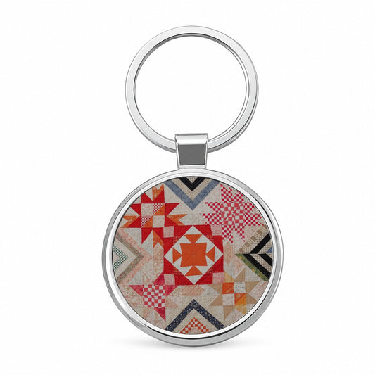 Vintage Patchwork Quilt Round Metal Keychain