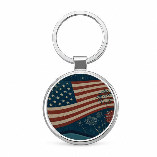 Vintage Patriotic Flag Fireworks Round Metal Keychain