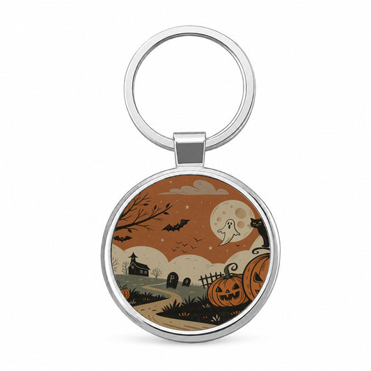 Vintage Pumpkin Halloween Scene Round Metal Keychain