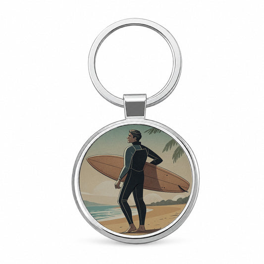 Vintage Surfer Beach Scene Round Metal Keychain