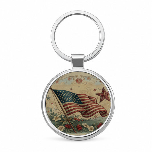 Vintage USA Flag Stars Patriotic Round Metal Keychain