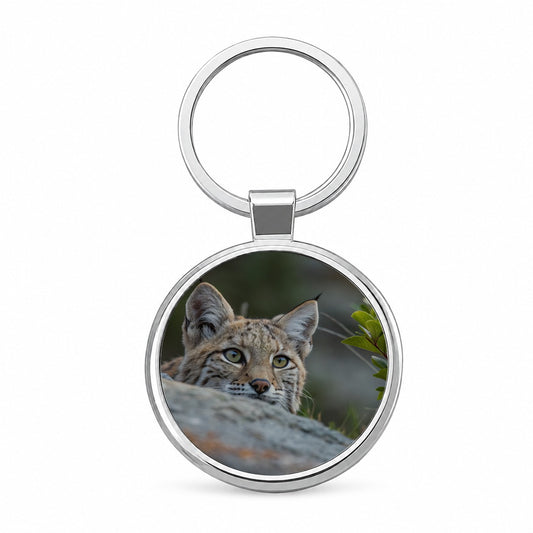 Watchful Bobcat Wildlife Nature Round Metal Keychain