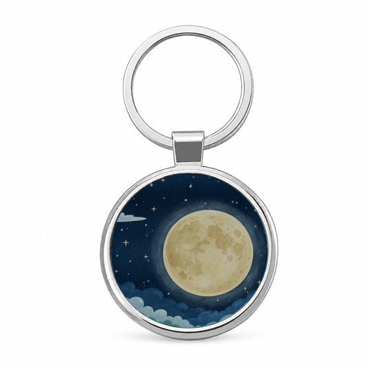 Watercolor Moon At Night Round Metal Keychain