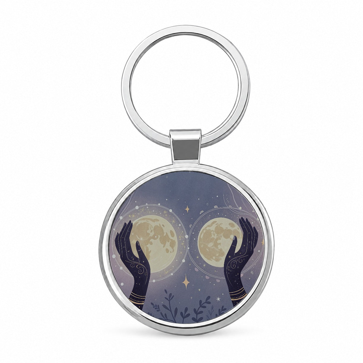 Witchy Celestial Moon Hands Round Metal Keychain