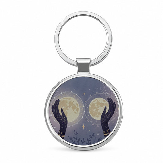 Witchy Celestial Moon Hands Round Metal Keychain