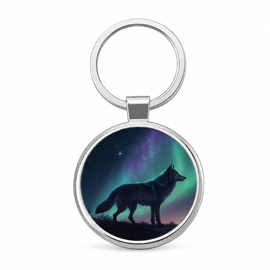 Wolf Beneath Aurora Borealis Round Metal Keychain