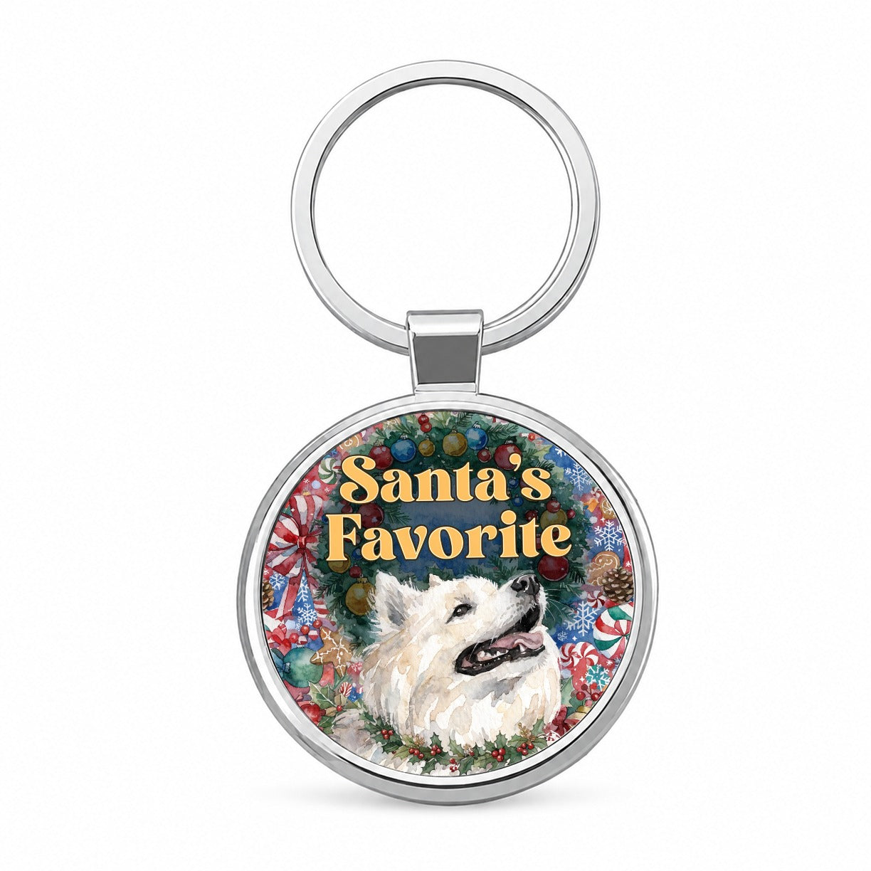 American Eskimo Dog Christmas Santa's Favorite Round Metal Keychain