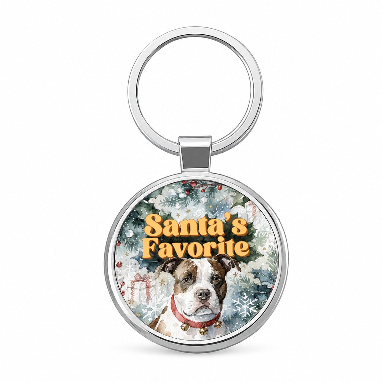 American Staffordshire Terrier Christmas Santa's Favorite Round Metal Keychain