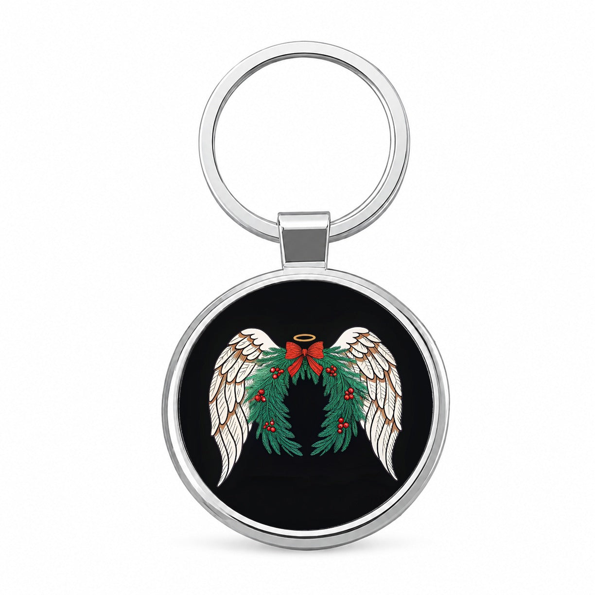 Angel Wings Christmas Round Metal Keychain
