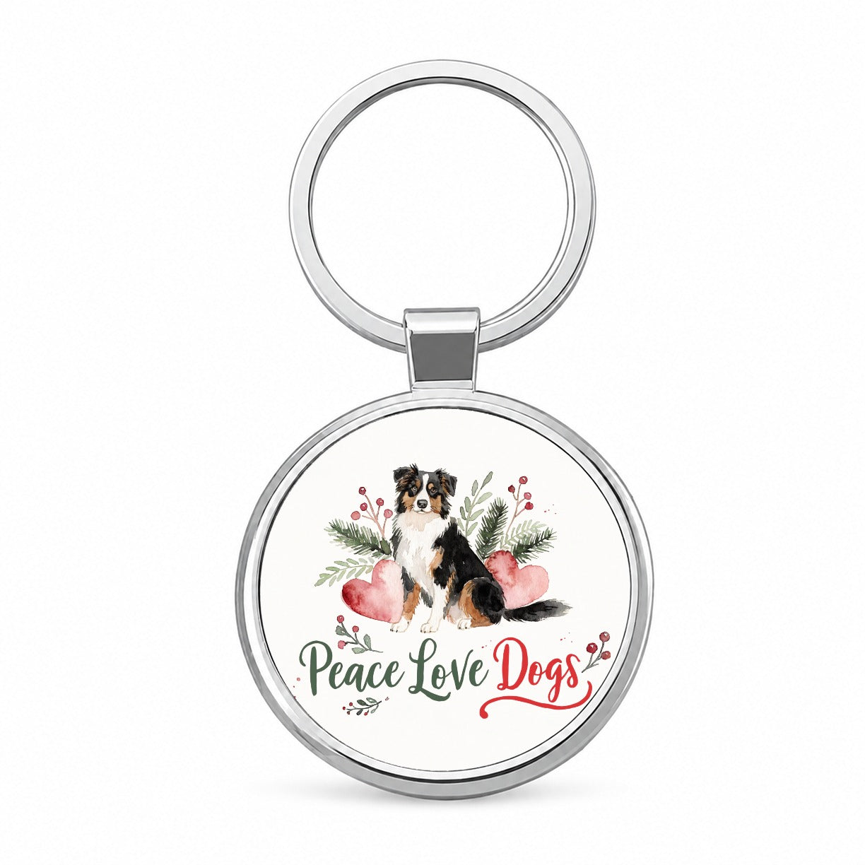 Australian Shepherd Peace Love Dogs Christmas Round Metal Keychain