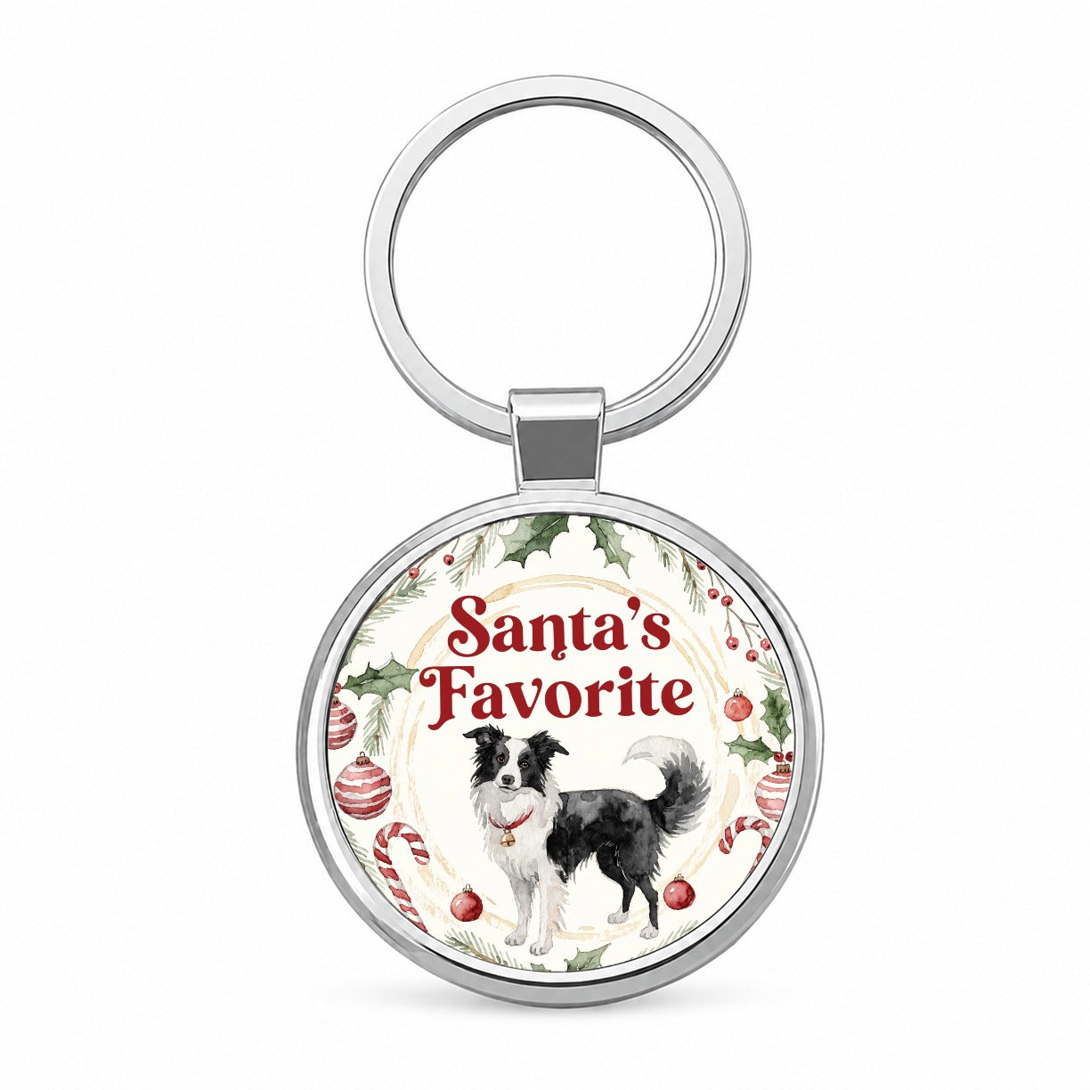 Border Collie Dog Christmas Santa's Favorite Round Metal Keychain