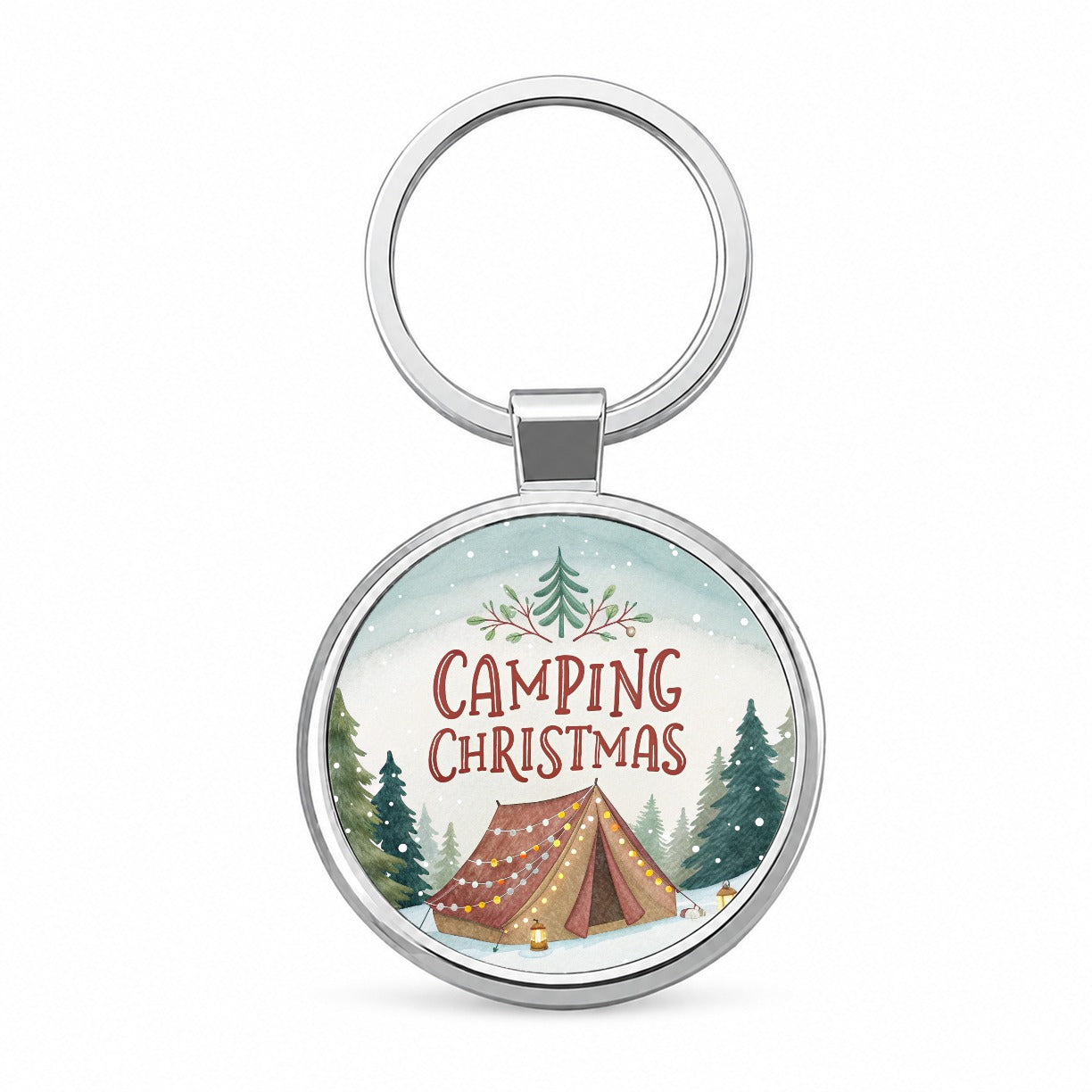 Camping Christmas Tent Round Metal Keychain