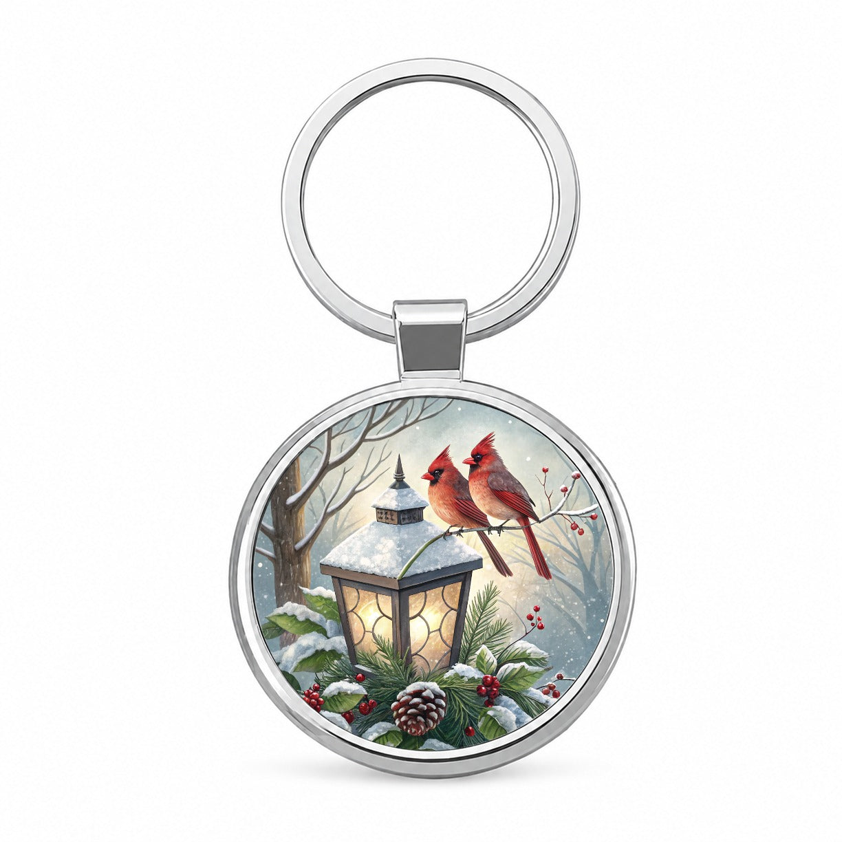 Cardinal Birds Lantern Christmas Round Metal Keychain
