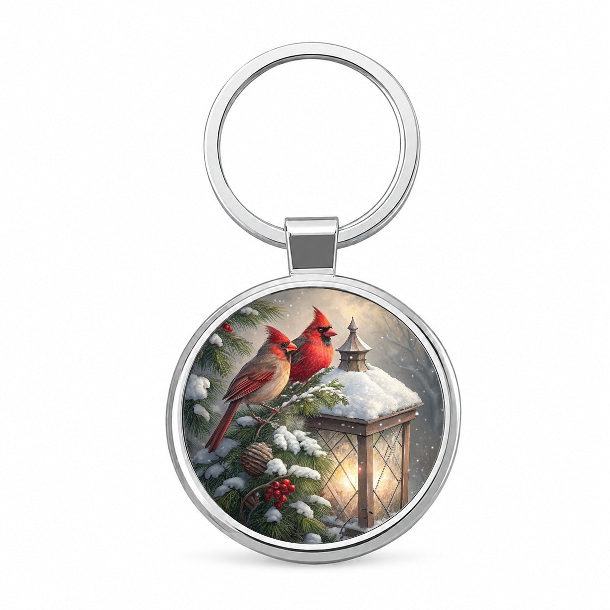 Cardinal Birds Snow Lantern Christmas Round Metal Keychain