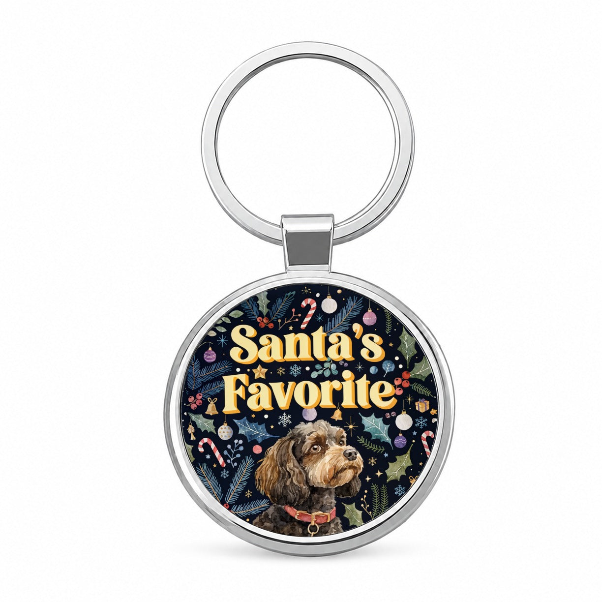 Cavapoo Dog Christmas Santa's Favorite Round Metal Keychain
