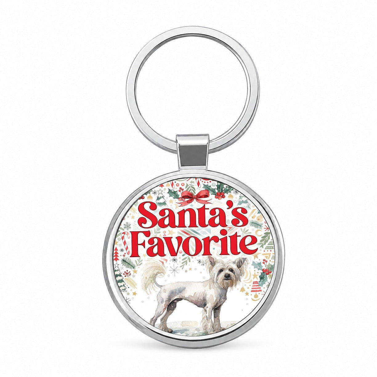 Chinese Crested Dog Christmas Santa's Favorite Round Metal Keychain