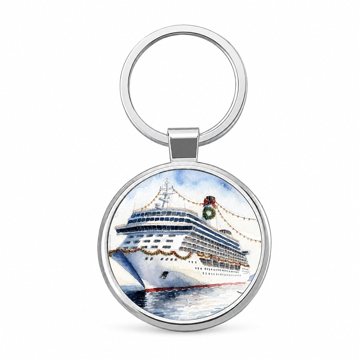 Christmas Cruise Ship Round Metal Keychain