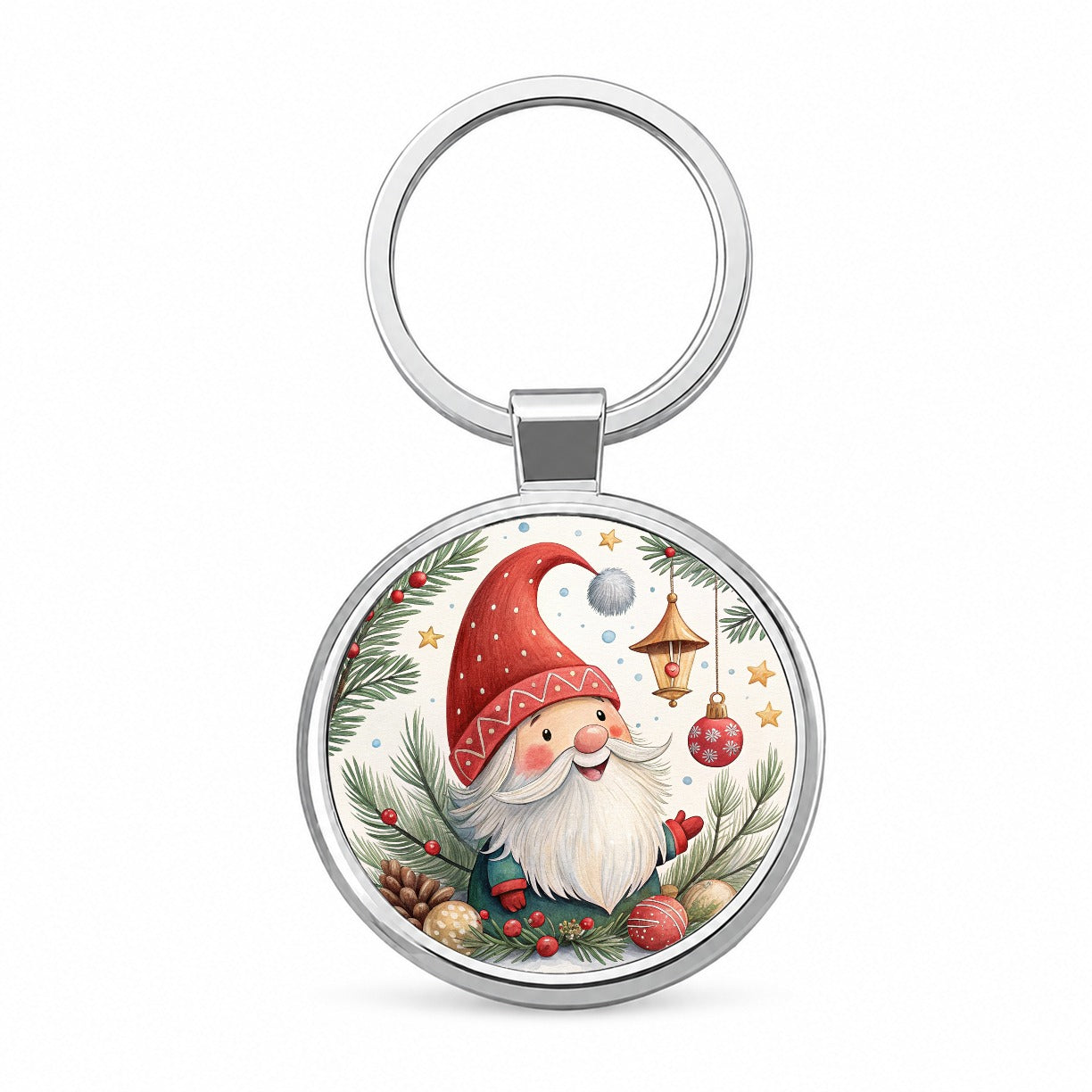 Christmas Gnome Happy Round Metal Keychain