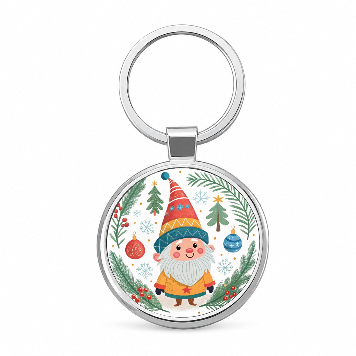 Christmas Gnome Smiling Round Metal Keychain