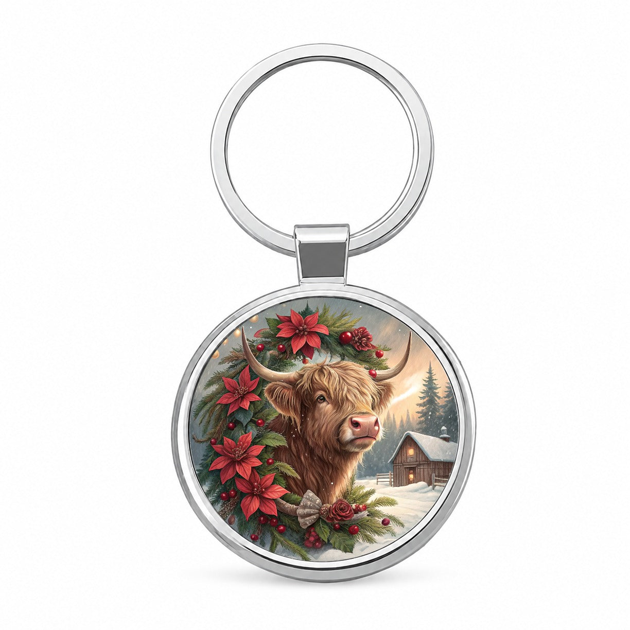 Christmas Highland Cow Barn Round Metal Keychain