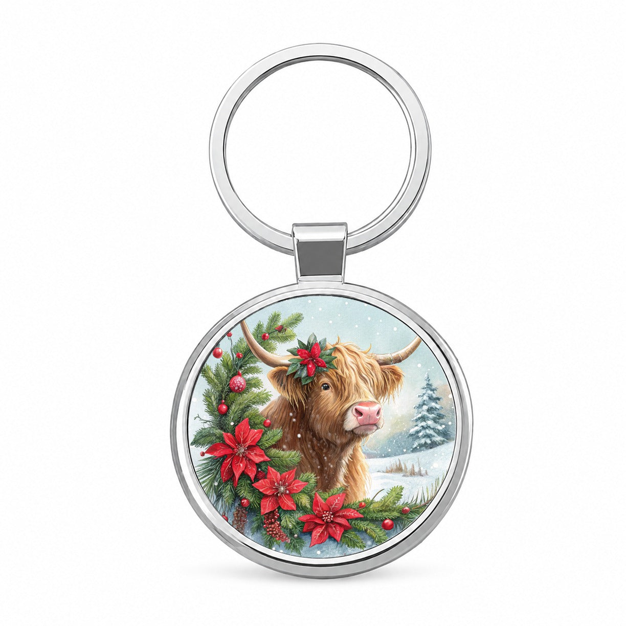 Christmas Highland Cow Round Metal Keychain