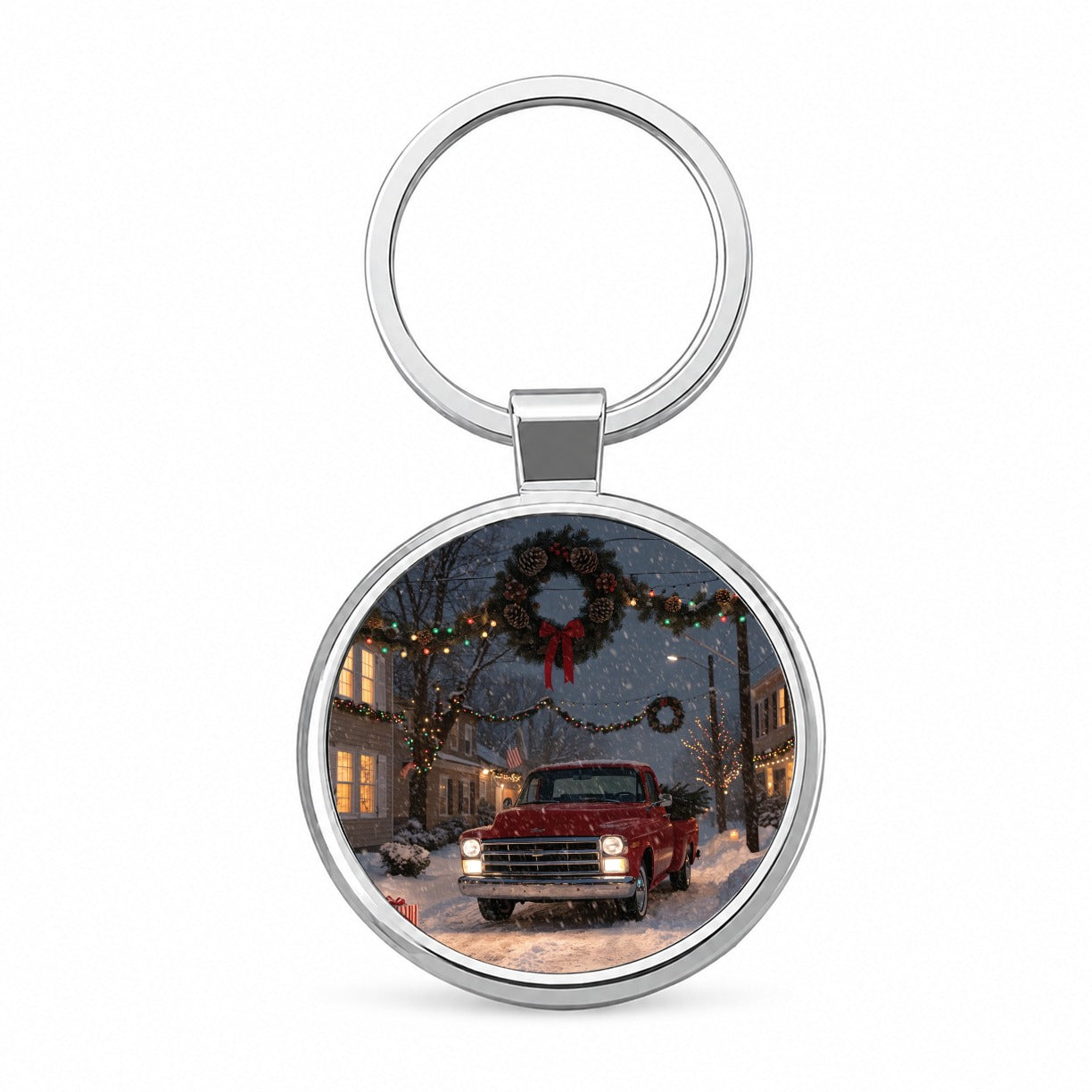 Christmas Red Truck Snow Round Metal Keychain