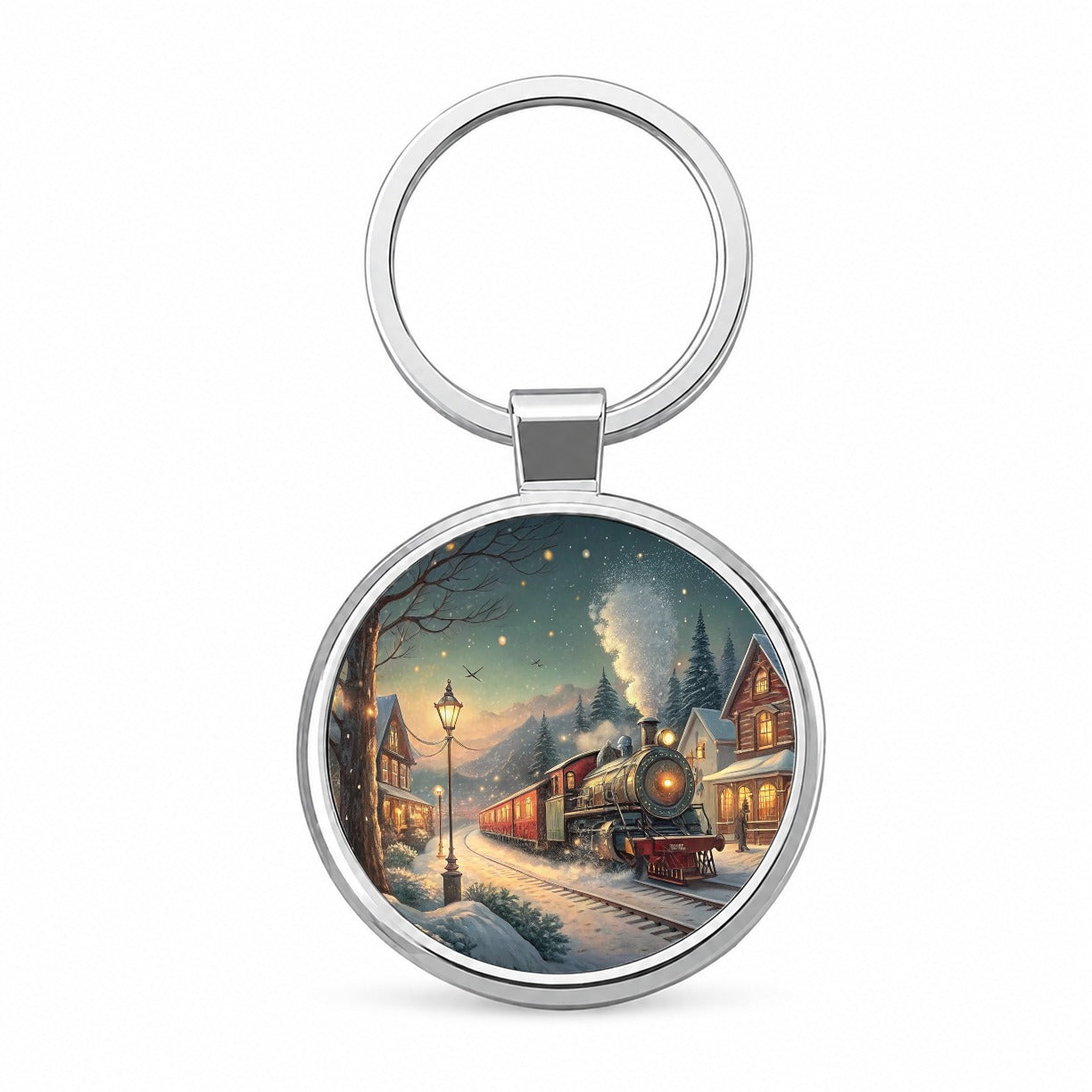 Christmas Train Snowy Village Round Metal Keychain