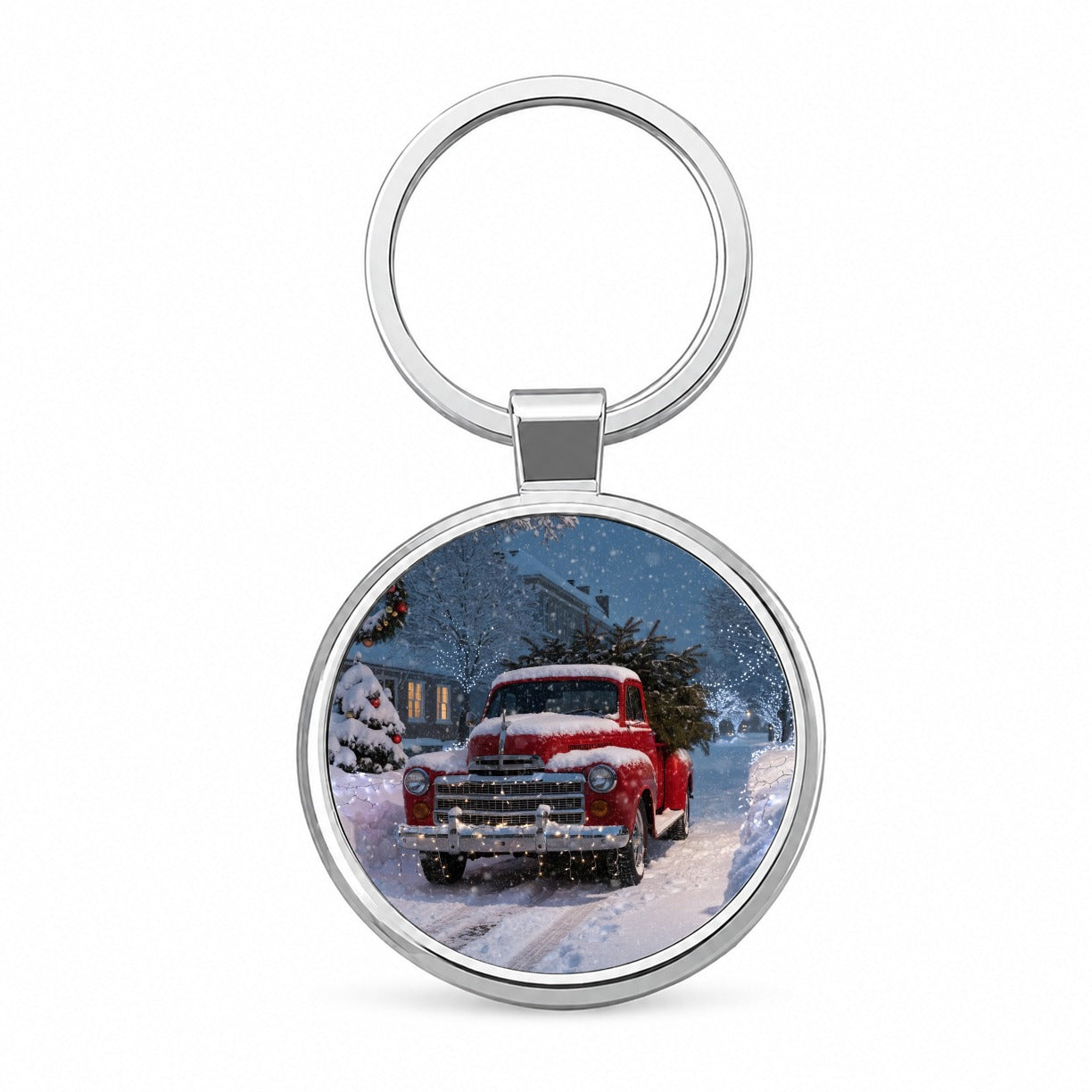 Christmas Tree In Red Truck Round Metal Keychain