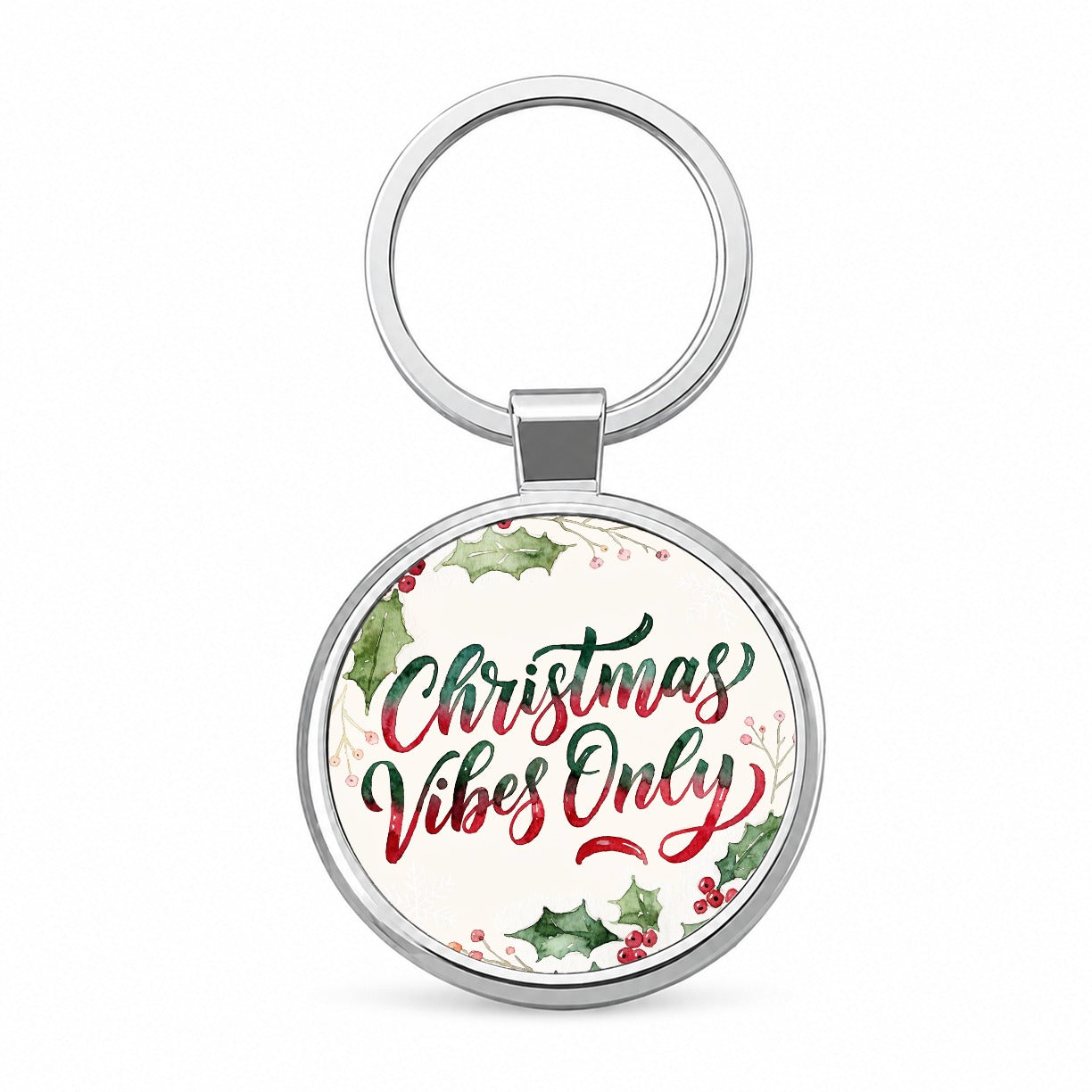 Christmas Vibes Only Script Round Metal Keychain