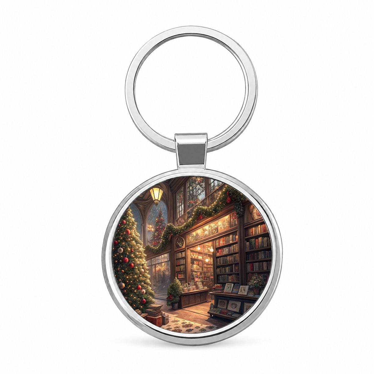 Cozy Christmas Bookstore Library Round Metal Keychain