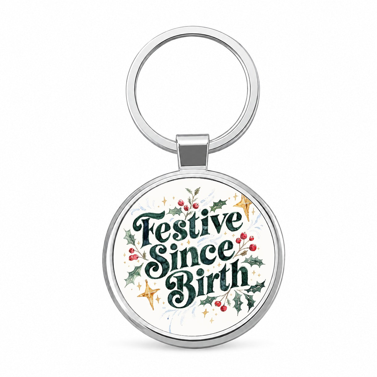 Festive Since Birth Christmas Script Round Metal Keychain