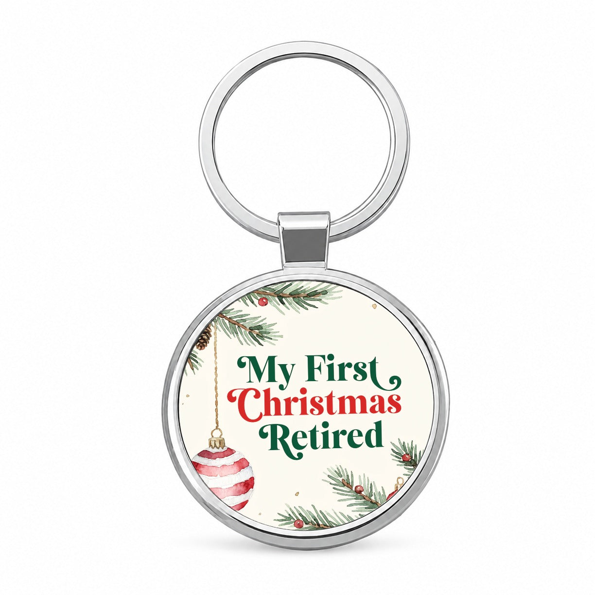 First Christmas Retired Red Green Round Metal Keychain