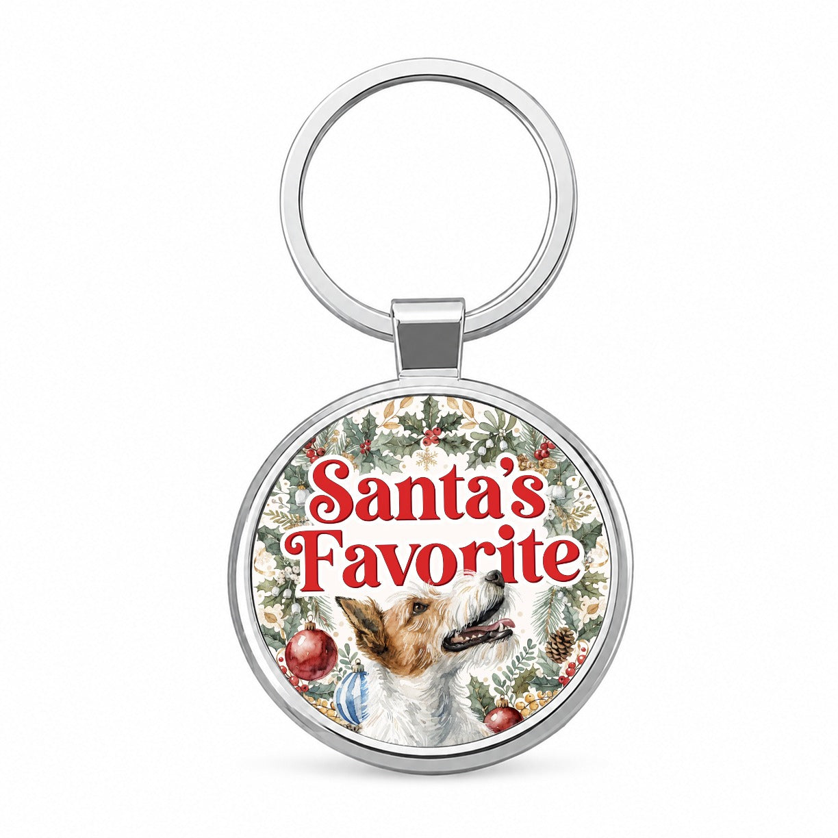 Fox Terrier Dog Christmas Santa's Favorite Round Metal Keychain