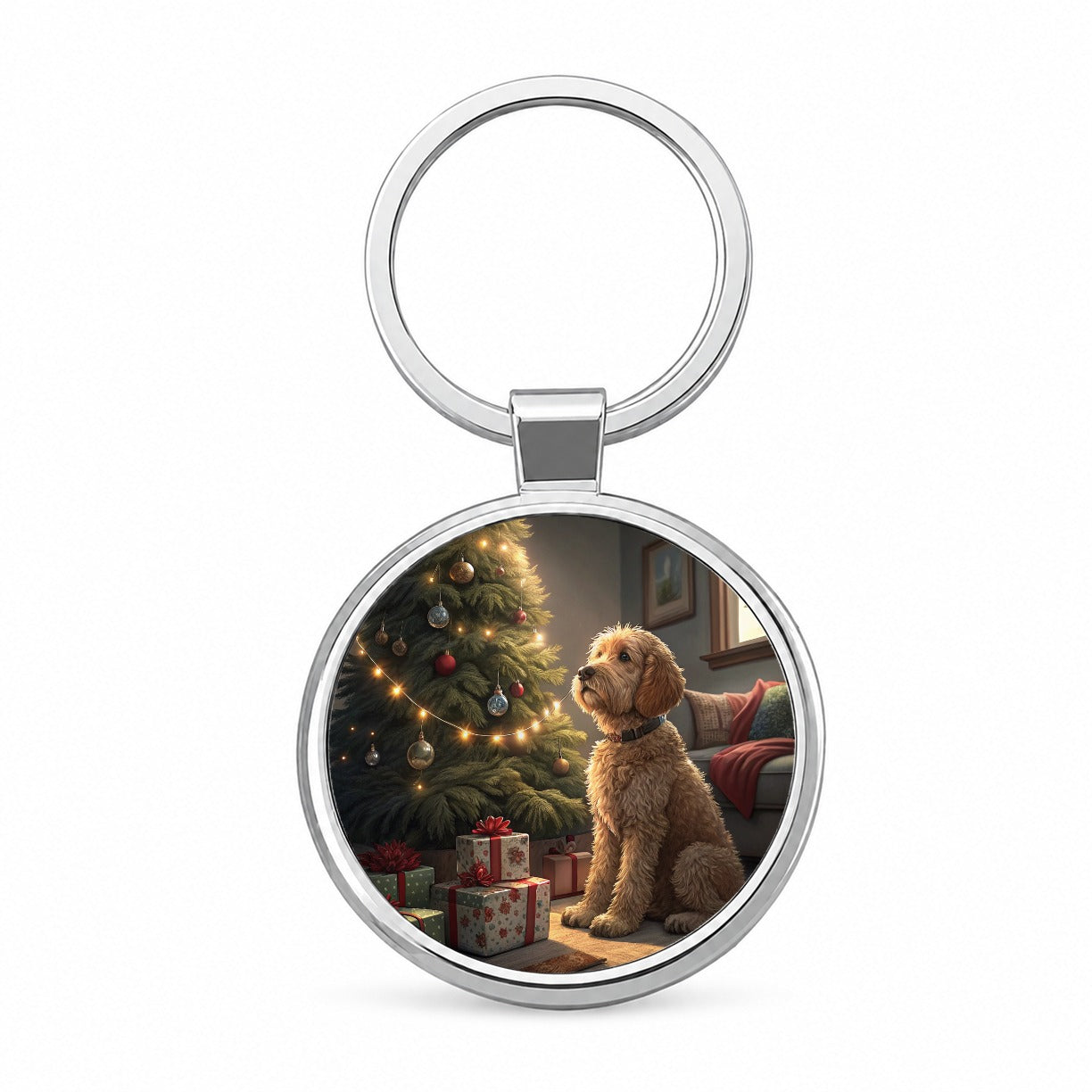 Goldendoodle Sitting Christmas Round Metal Keychain