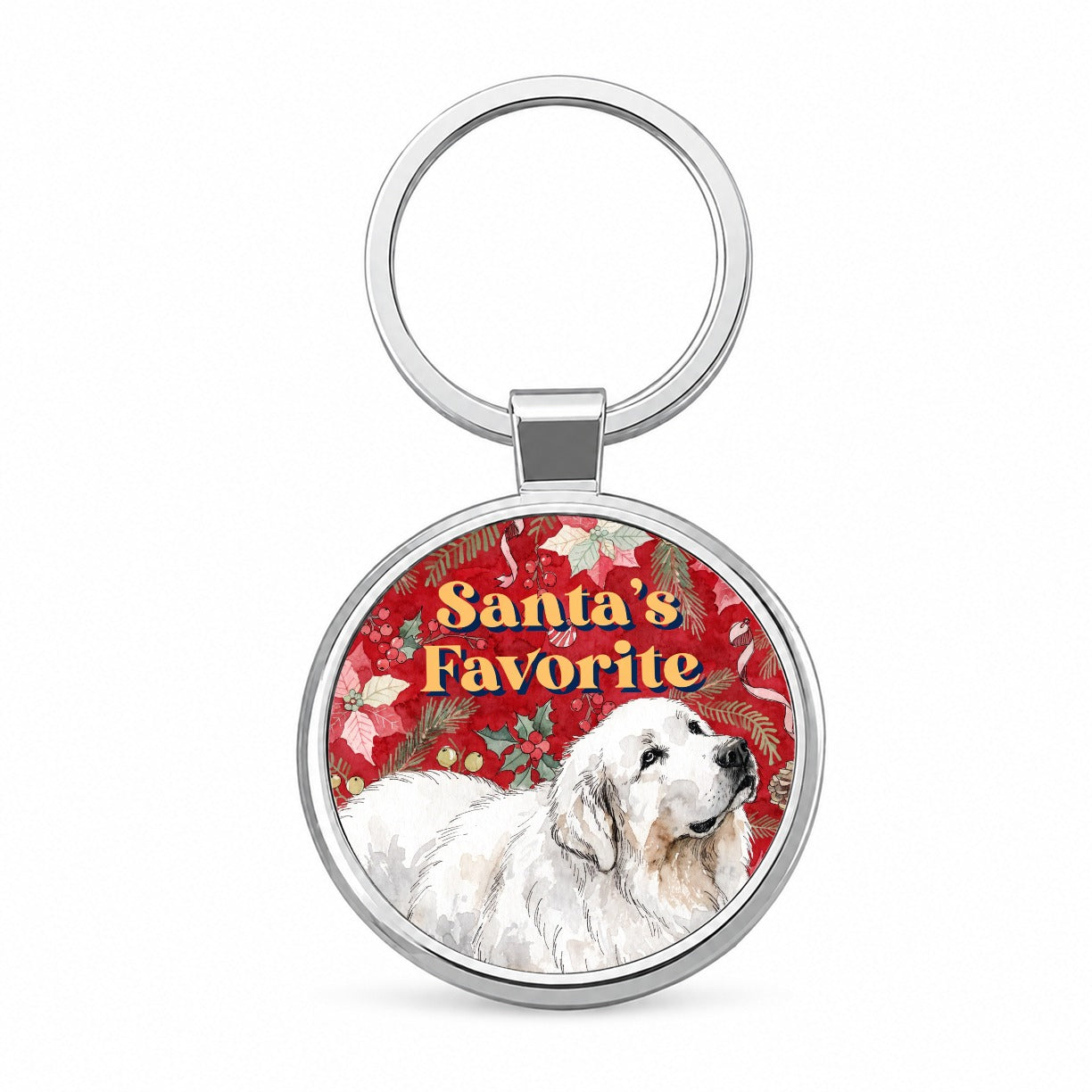 Great Pyrenees Dog Christmas Santa's Favorite Round Metal Keychain