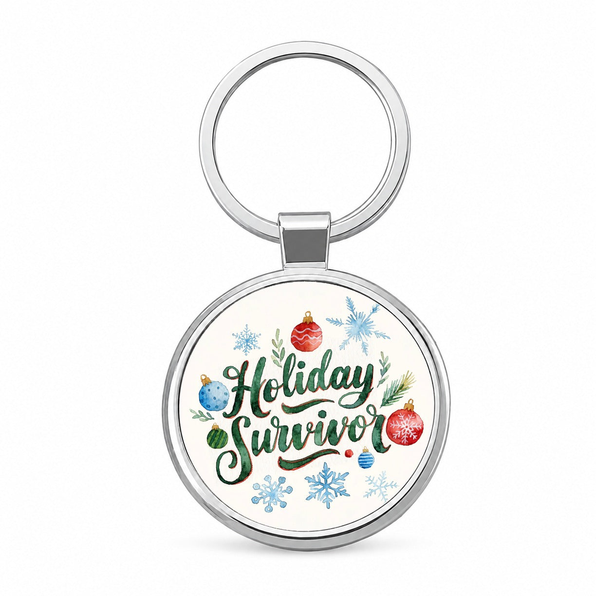 Holiday Survivor Christmas Green Script Round Metal Keychain