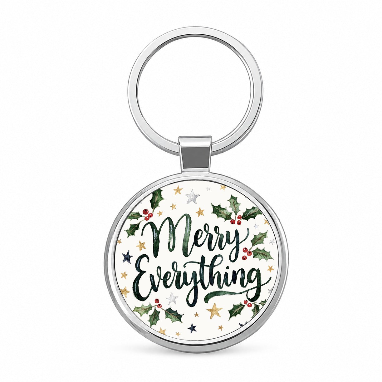 Merry Everything Christmas Green Round Metal Keychain