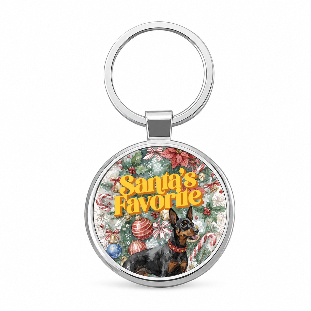Miniature Pinscher Dog Christmas Santa's Favorite Round Metal Keychain