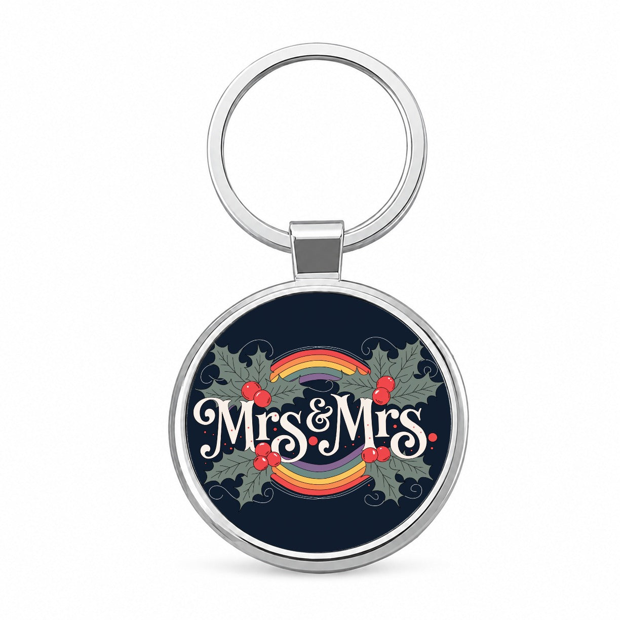 Mrs and Mrs Pride Gay Lesbian LGBTQ Double Rainbow Christmas Round Metal Keychain