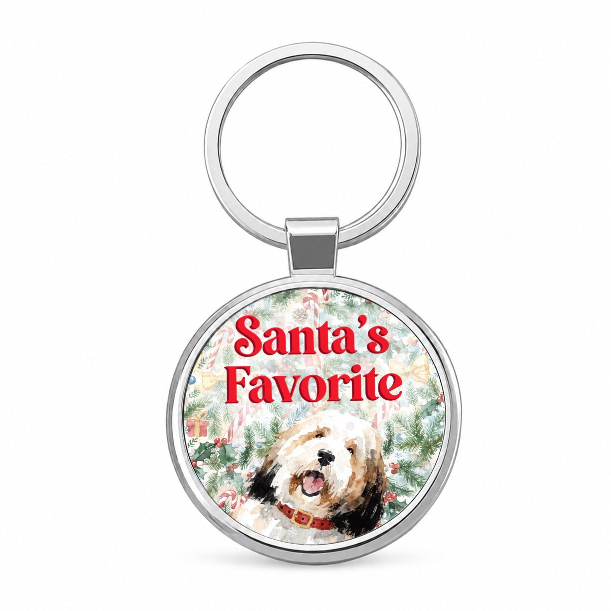Old English Sheepdog Christmas Santa's Favorite Round Metal Keychain