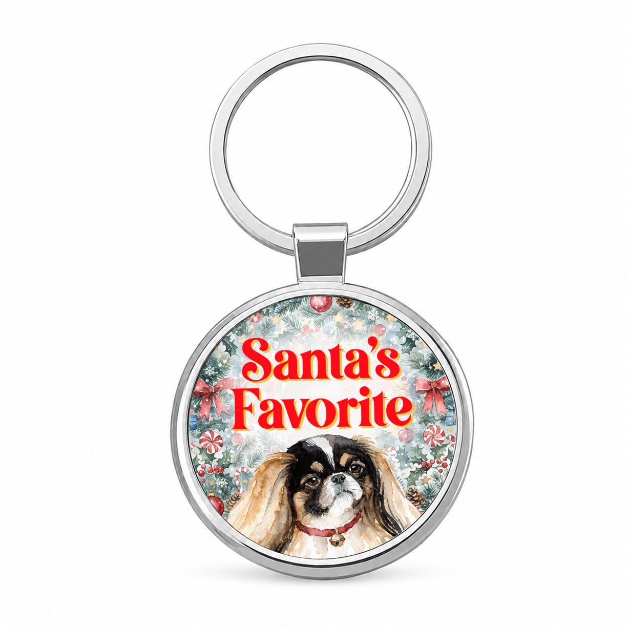 Pekingese Dog Christmas Santa's Favorite Round Metal Keychain